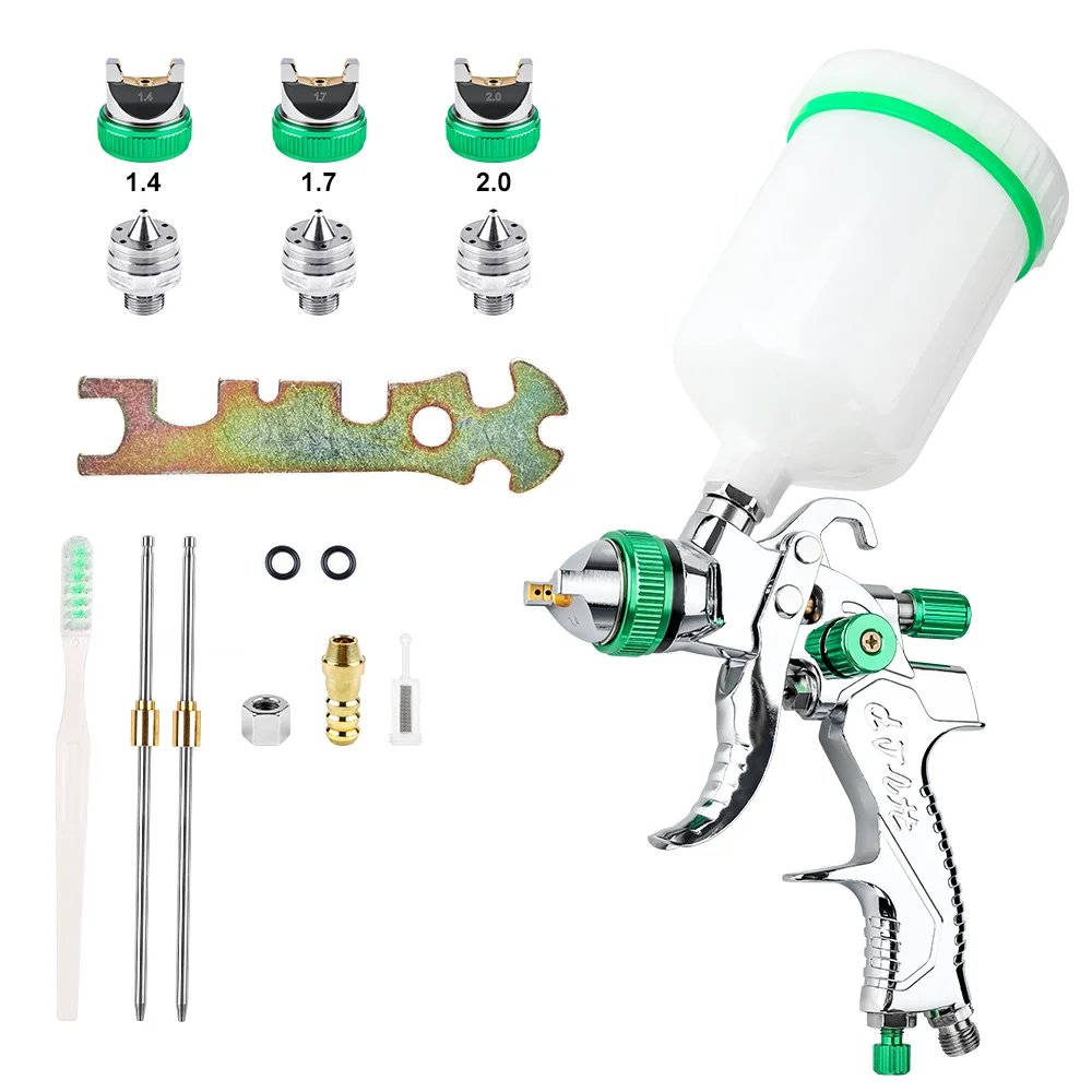 Professional Auto Body Paint Spray Gun Kit - HVLP Gravity Feed with 1.4mm/1.7mm/2.0mm Nozzle, Green Finish for Car Repair.