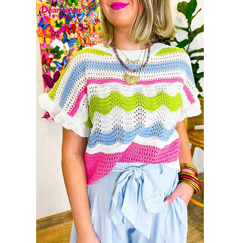 Dear-Lover White Colorblock Crochet Knit Ruffled Short Sleeve Winter Sweater Women