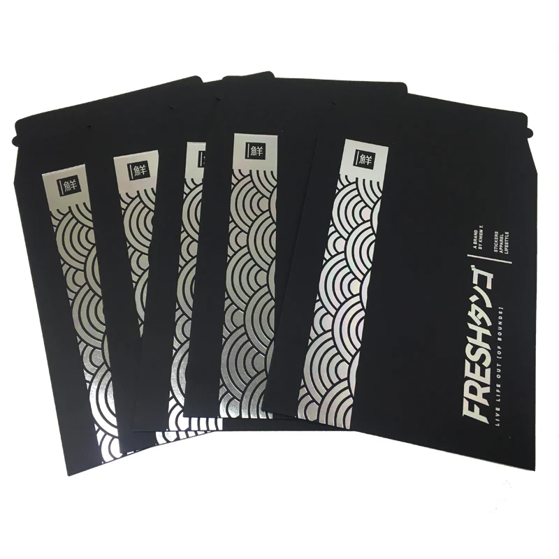 silver glod hot foil stamp logo printed hard cardboard black paper mailer ecommerce packaging custom black envelope