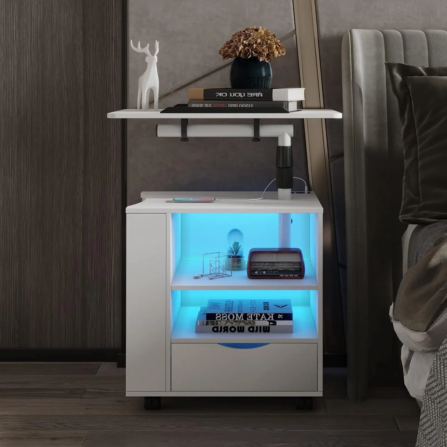 Nightstand Adjustable Rotary Table Bedside Tables Night Stand for Bedroom LED Nightstand with Charging Station White Customized