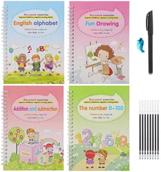4Books+Pens Preschool Tracing Book Magic Calligraphy Reusable Handwriting Copybook Practice Workbook for Kids