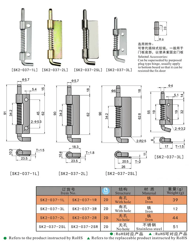 SK2-037-2S Double Action Small Spring Hinge Stainless Steel Pivot Hinge  for Cabinets