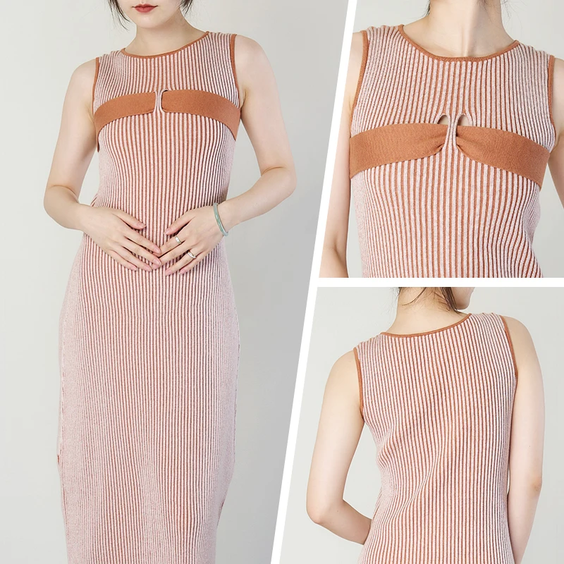 2023 Hot Selling Elegant Young Solid Color Temperamental Commute Knitted O Neck Long Sleeve Dress For Women