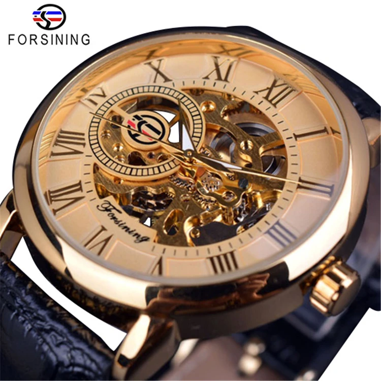 Forsining GMT838 3d Logo Design Hollow Engraving Gold Case Leather Skeleton Mechanical Watches Men Luxury Brand Heren Horloge