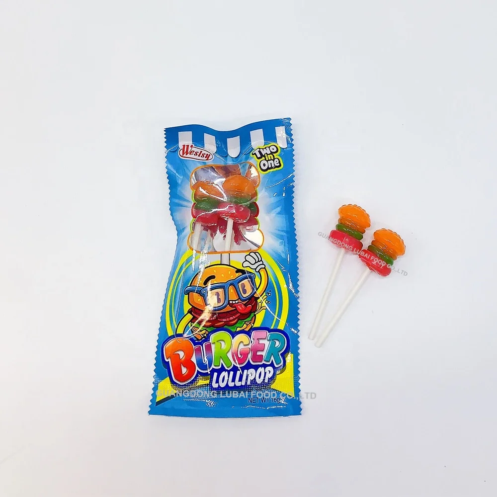 Sweet Strawberry flavor Burger Long Stick Lollipop Candy 2 in 1 packing