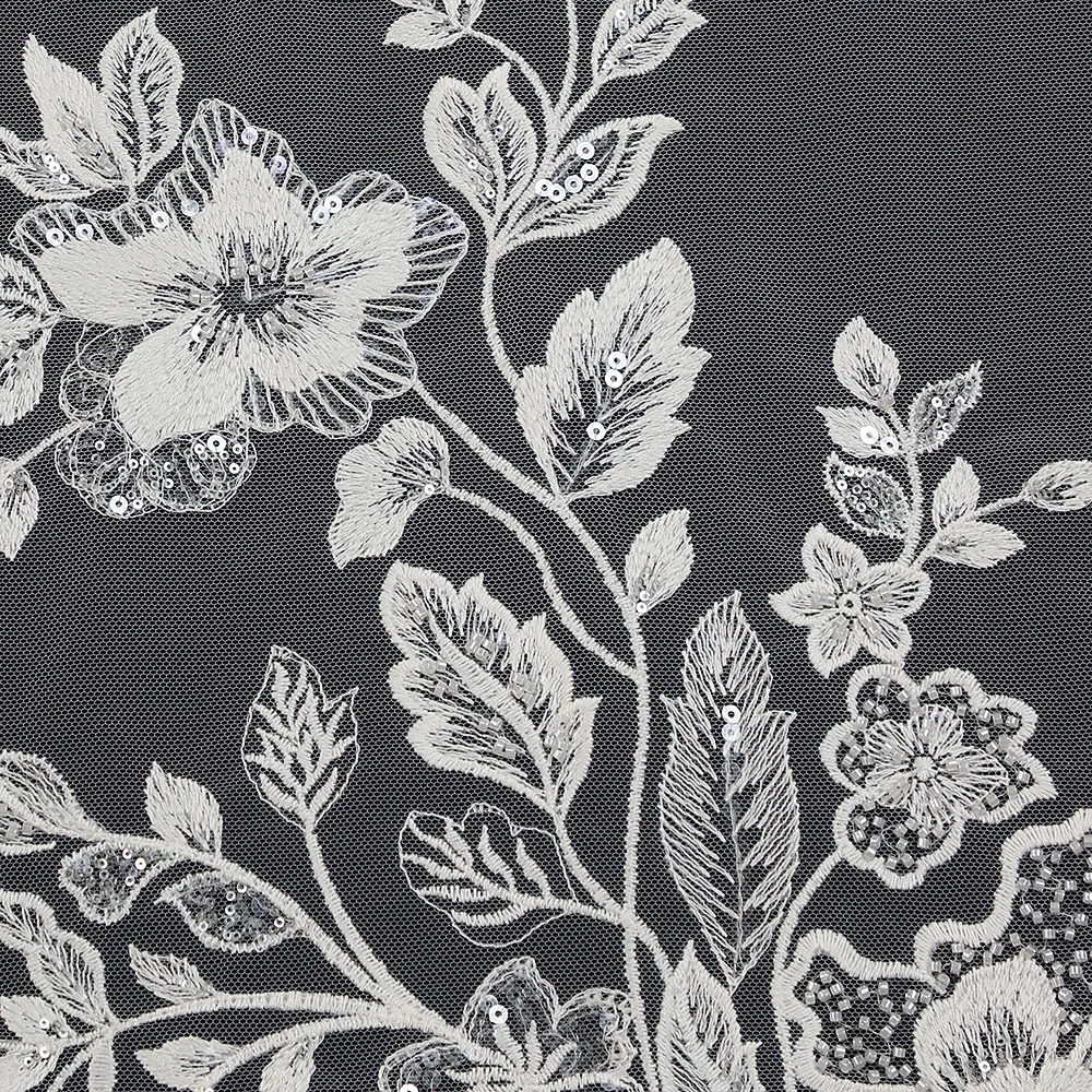 Yanzi White Floral Embroidery Beaded Lace Applique with Sequins Bridal Wedding Dress Luxury Applique