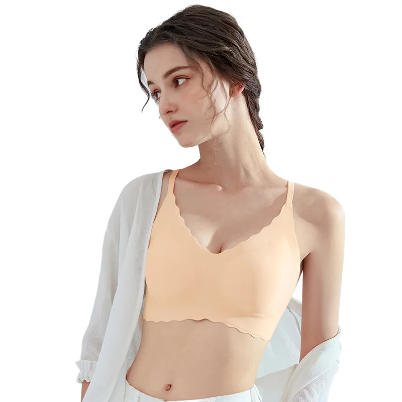 Girls Bra V-neck Sleep Bra Removable Padded Ice Silk Traceless Wirefreee Backless Seamless bra