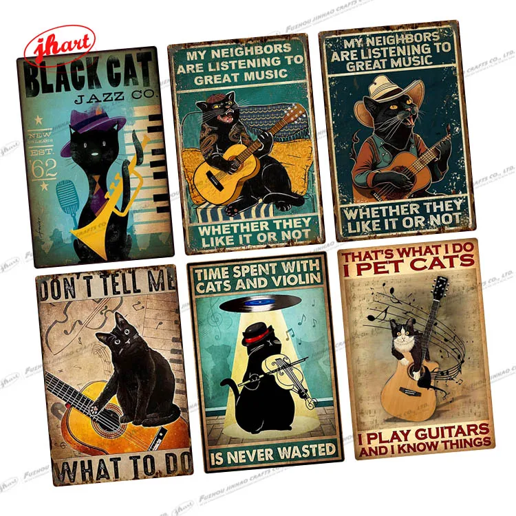 comics Funny Cat Guitar custom logo antique retro metal plate ecor coffee vintage tin sign metal metal sign vintage chainsaw