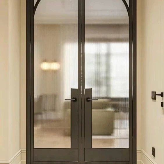 French Style Wrought Iron Doors Metal Steel Glass UL Certified Lock Finished Surface Exterior Home Use Arch Glass Windows Design