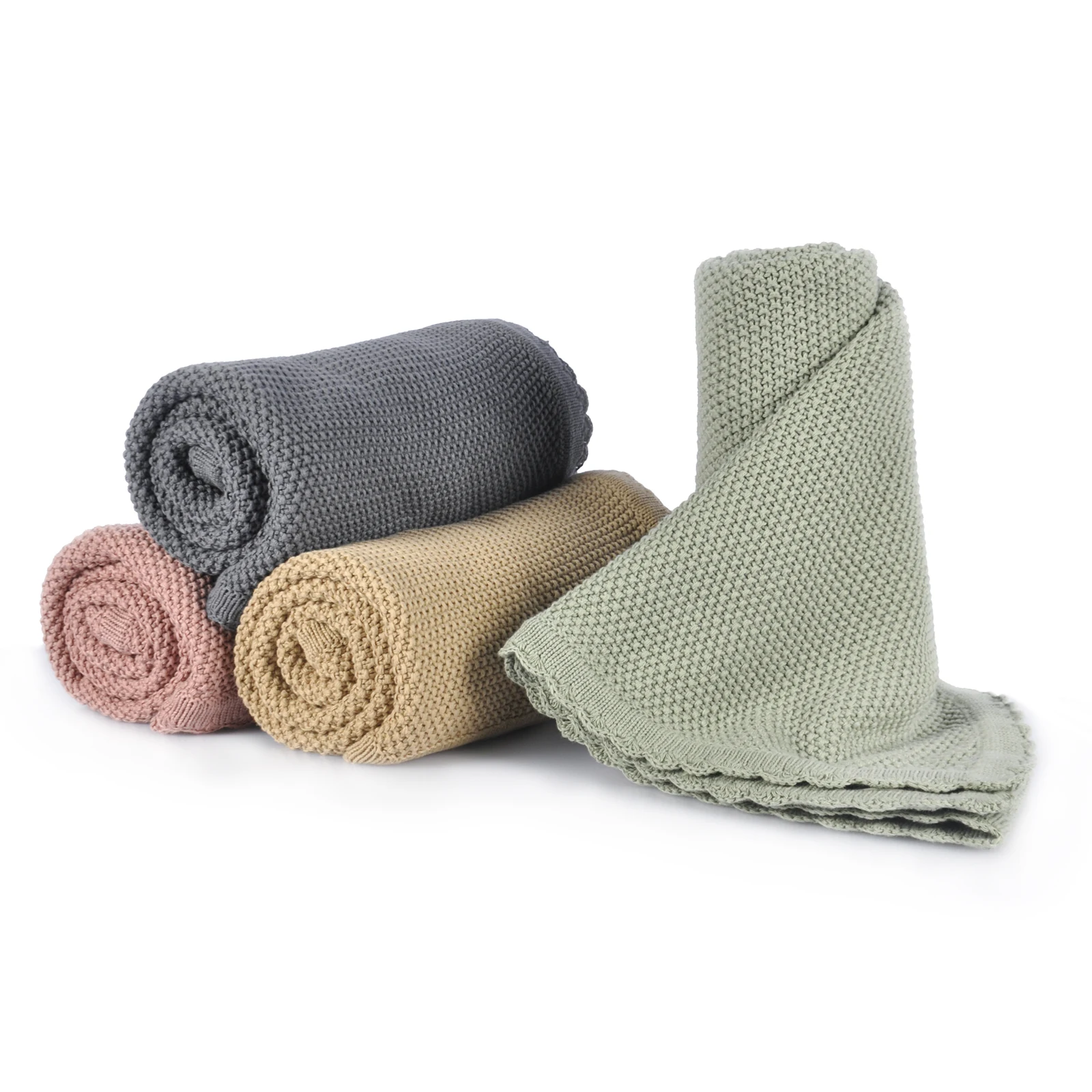 Pinuotu Baby Knitted Blanket Soft Ruffled Newborn Cotton Bedding Solid Color Travel Swaddle Frill Baby Knit Blankets