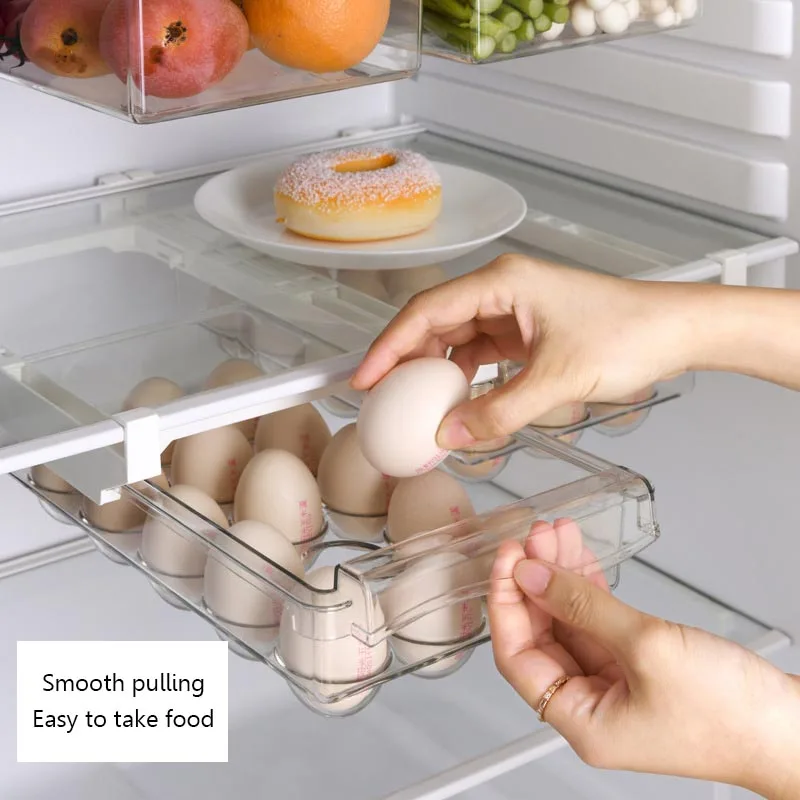 Fridge Drawer Organizer for Fruit Vegetable Retractable Pull Out Style Refrigerator Storage Egg Box