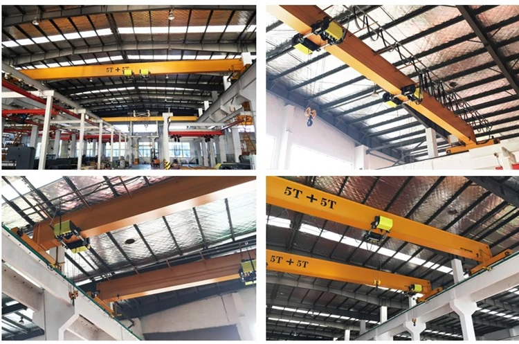 Hot sale top end 5 + 5 ton 15 m single girder beam electric overhead traveling bridge crane with double europe style electric hoist and smart Anti-sway device anti-swaying function in workshop warehouse for material handling price