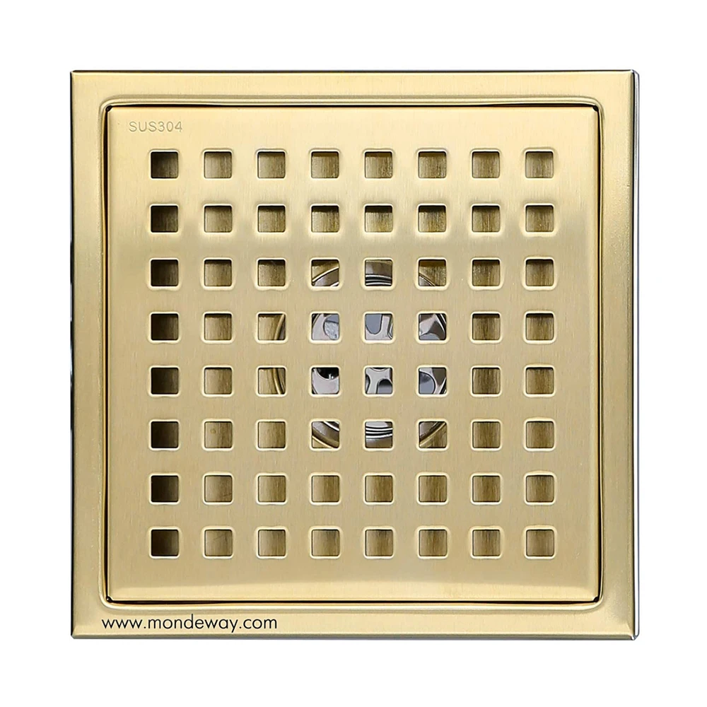 Square Shower Floor Drain with Removable Cover Grid Grate 6 inch Long SUS 304 Stainless Steel Brushed Gold Brass Finished