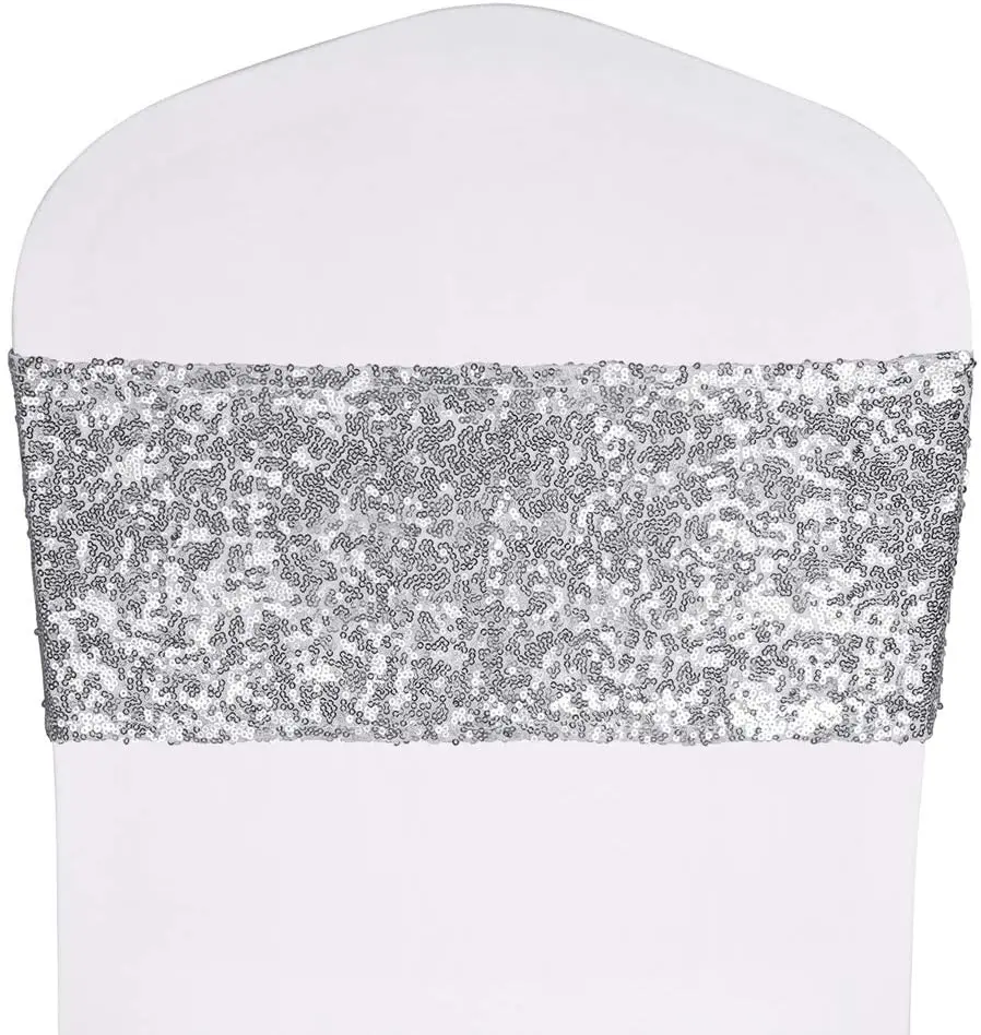 MOQ 1pc Chair Cover Decorations Silver Sequin Spandex Chair Sash Stretch Chair Bands