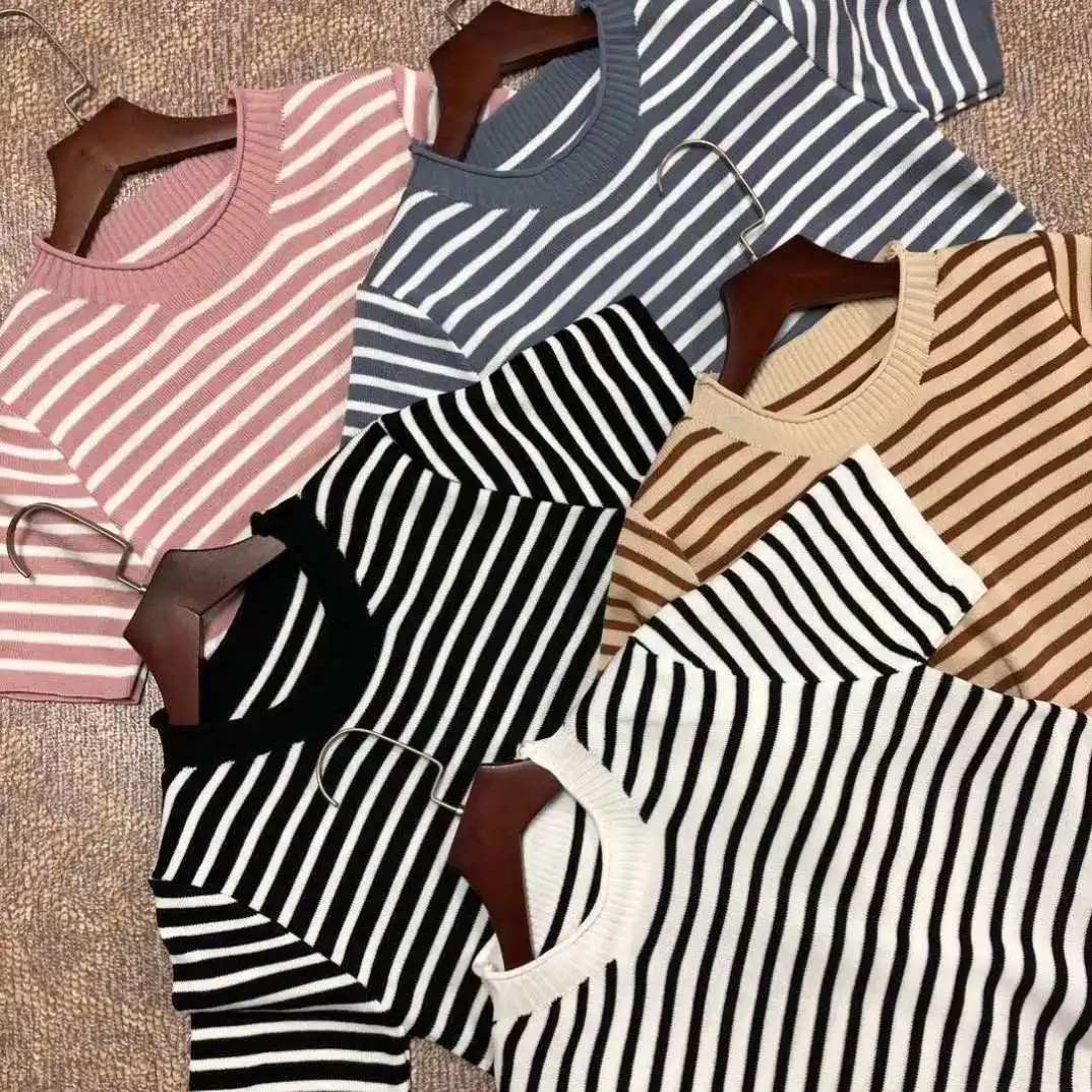 New Arrival Summer Striped Knit T-shirt for Women Short Sleeve Round Neck Thin Knitwear Blouse Girls Casual Tops