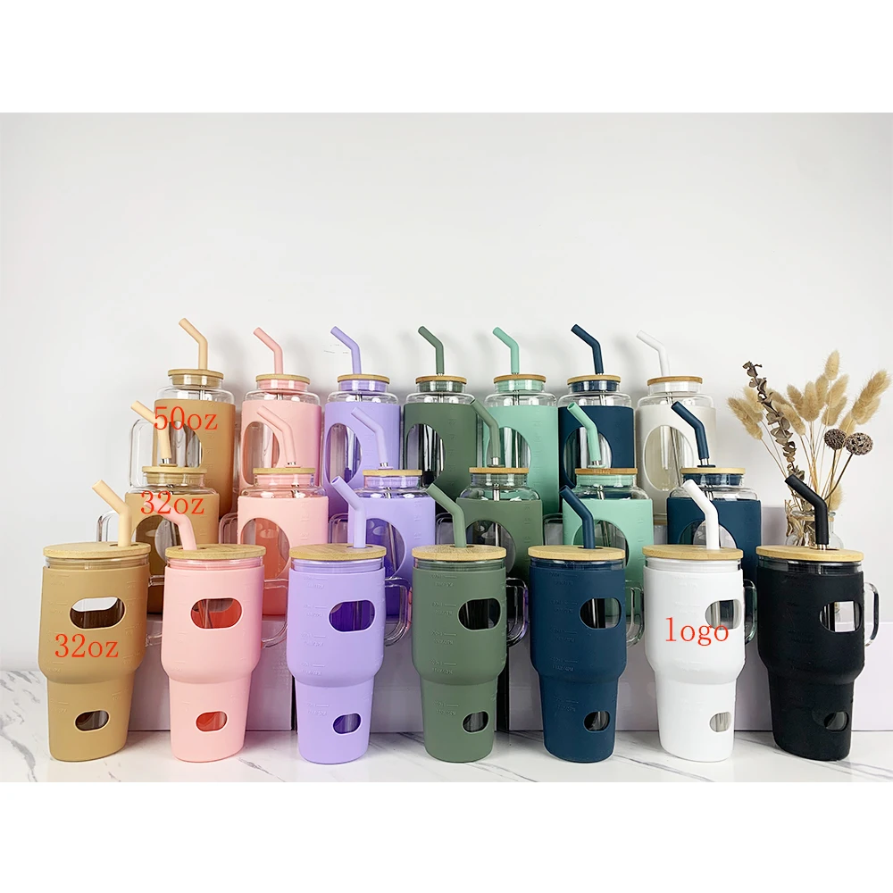 32oz 40oz 50oz glass jar water bottle with time marker  glass cola can travel tumbler with bamboo lid and straw mug