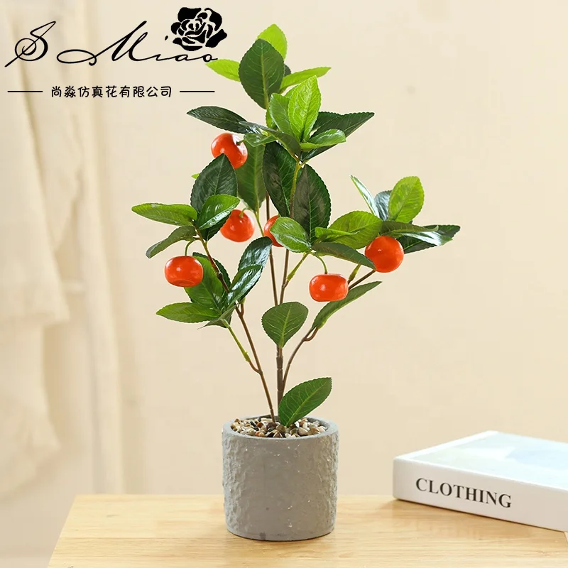 Artificial cherry lemon orange pepper tree and plastic pot bonsai office decor
