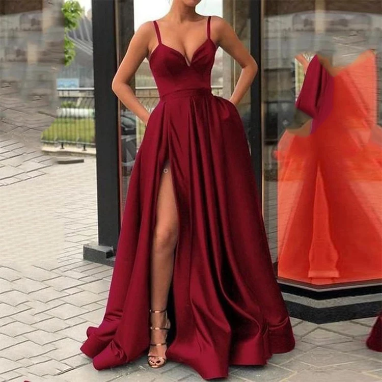 Custom Elegant V Neck Spaghetti Satin Evening Dress For Women Fashion Sleeveless Maxi Dess Slit Lady Long Party Formal Dress
