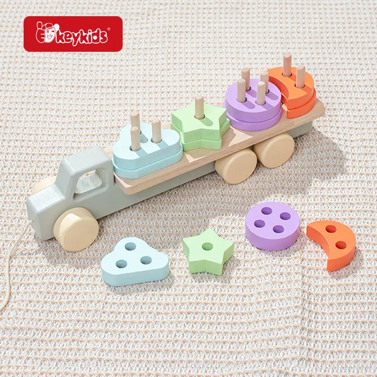 Most popular preschool baby wooden push pull toy with stacking sticks W05C163