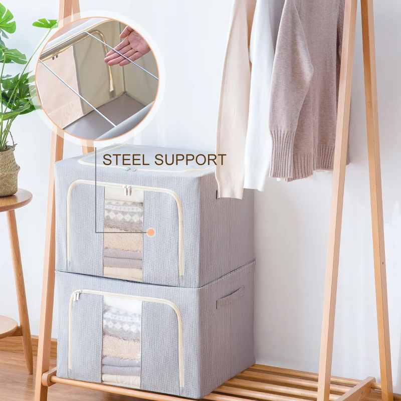 Large Clothes Storage Bins Foldable Metal Frame Storage Box Stackable Linen Fabric Container Organizer Set with Carrying Handles
