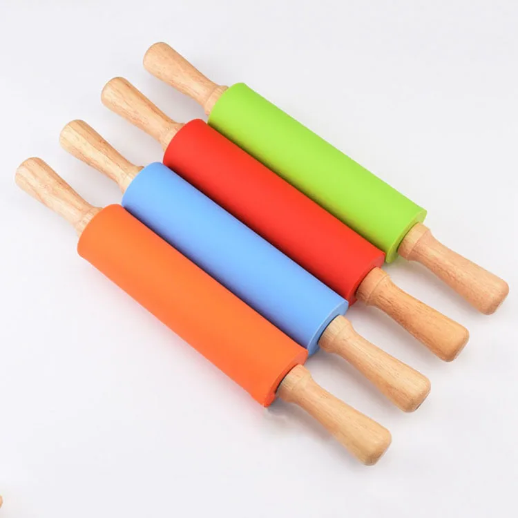Home kitchen pastry baking tools non-stick silicone rolling pin with wood handle