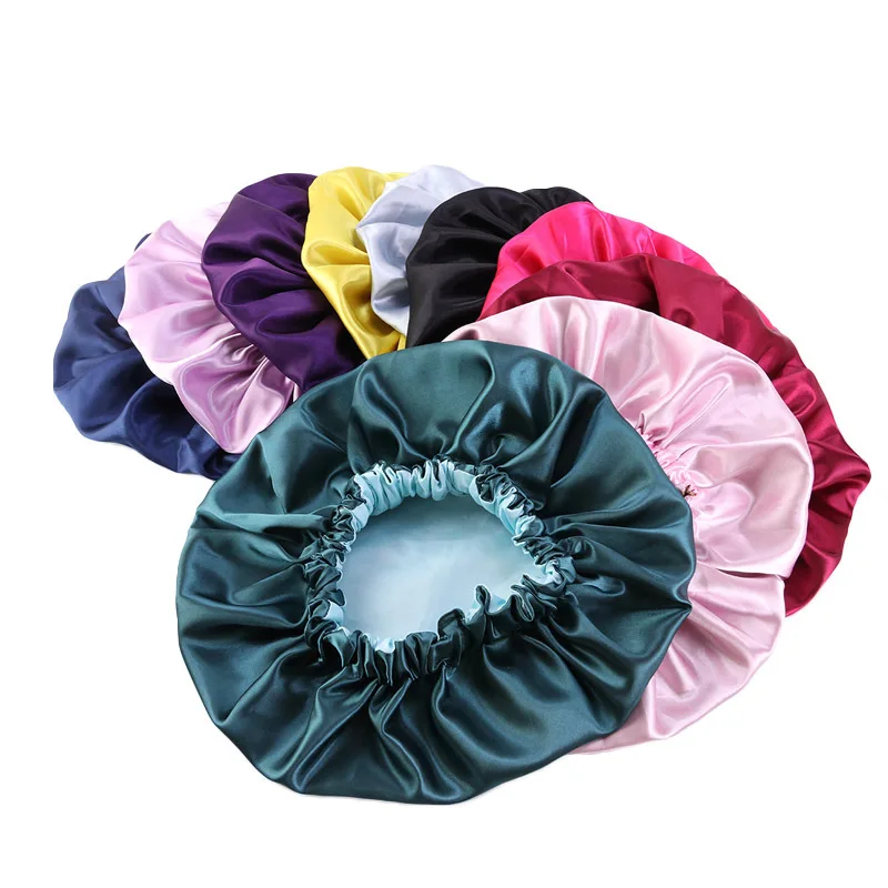 Extra Large Diameter 38cm Double Layer Silk Hair Bonnet Cap Plain Sleeping Reversible Satin Bonnet