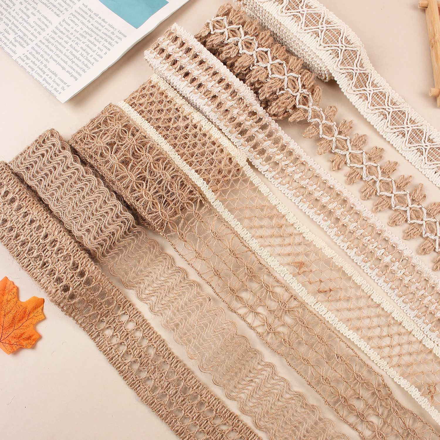 10 Rolls 2m Handmade Jute Burlap Ribbons Lace Craft Ribbon Burlap 10 Assorted Styles for Crafts Mason Jars Wrapping RC07051130