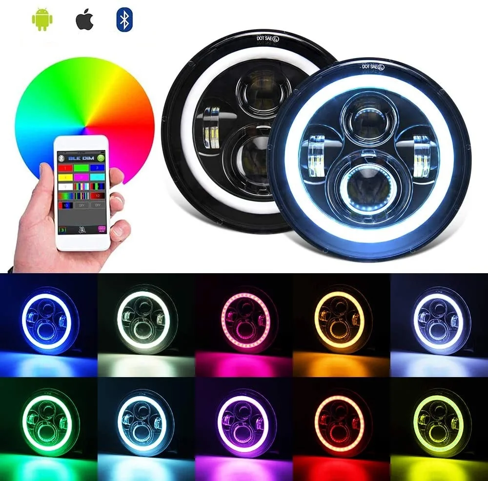 Factory Wholesale 7inch Round Led Headlights IP67 Waterproof 50000hrs life RGB color DRL Angel Eyes LED light bulb for car