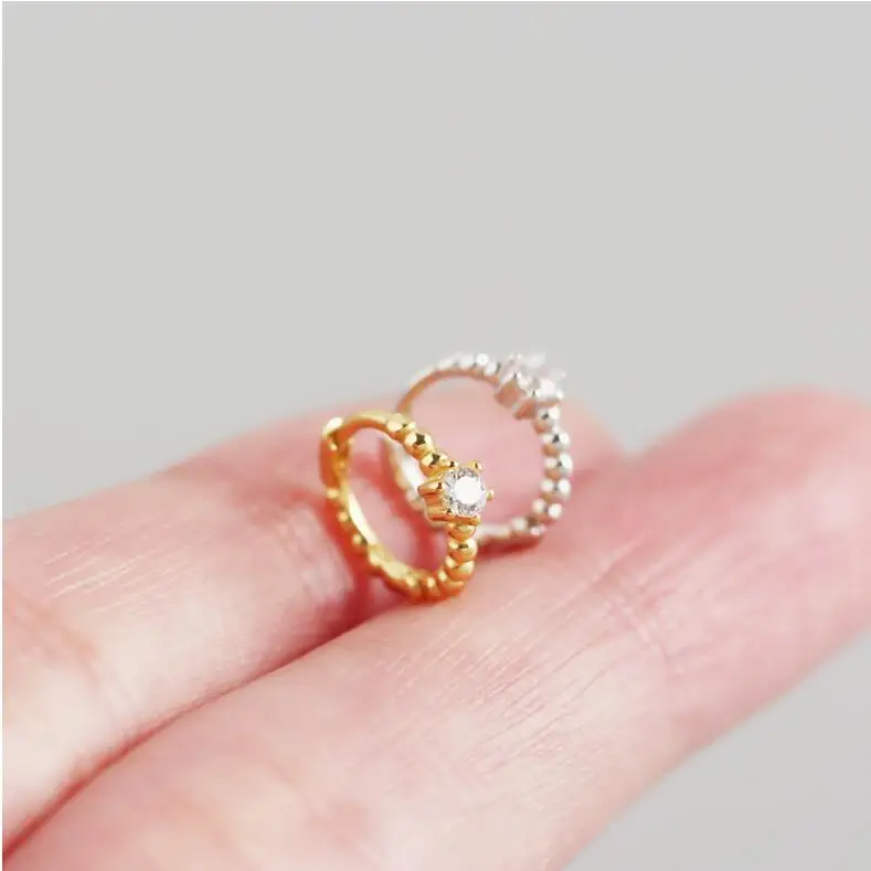 18k gold sterling silver earrings fashion Women Teen Girls Simple Trendy Small Gold Beaded Hoop Earrings with Diamond