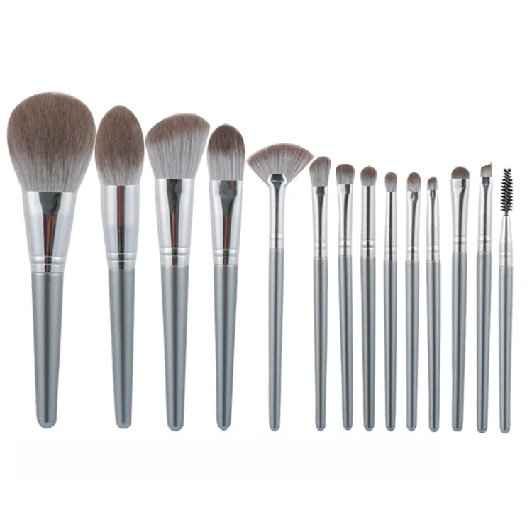 wholesale private logo silver premium synthetic fiber 14 makeup brush set