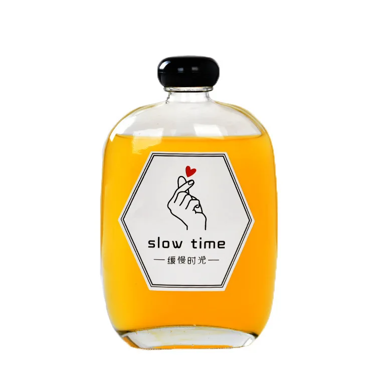 Custom Soju Fruit Wine Glass Jar Milk Milk Tea Sticker Glass Jars with Round Head Leak-proof Lid Flat Beverage Cans PG1505