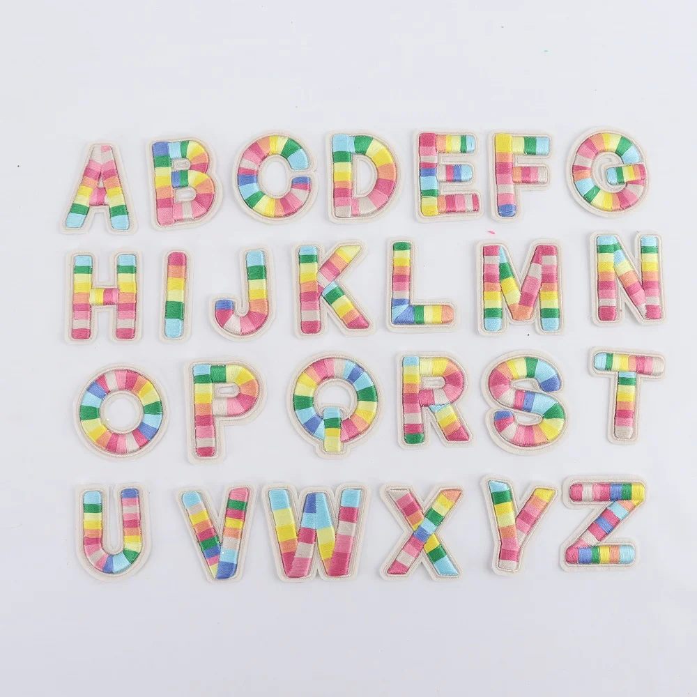 Wholesale custom patch embroidery letter DIY iron on 3m eye patch hoodie Rainbow color chenille patches alphabet stickers