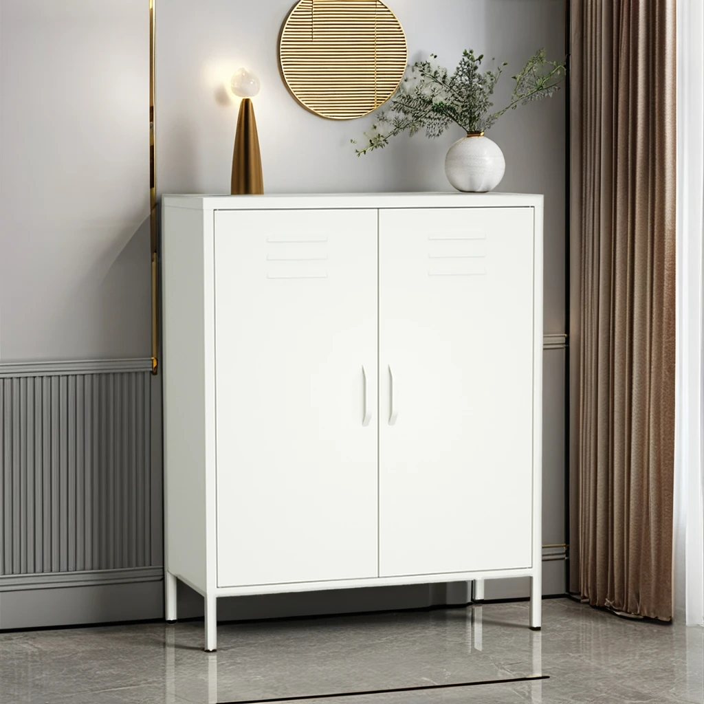 Modern Style Sideboards Metal Buffet Side Cabinet Kitchen Storage Cabinet Steel White Storage Locker,Knock Down,Medium Height