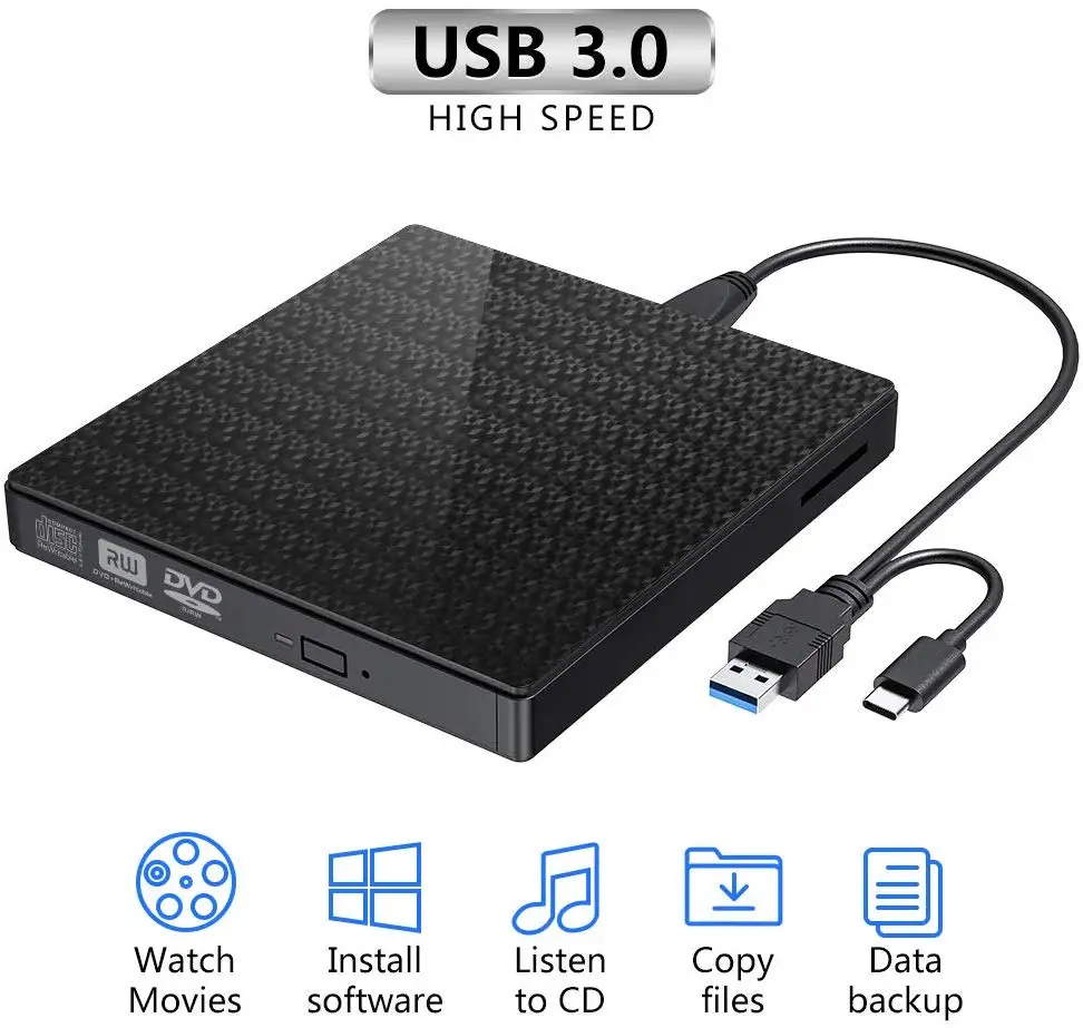 
Raycue External DVD CD Player CD-RW Burner and Reader with USB 3.0 and Type C 5 Workdays CE FCC SGS 12 Months Tray Load 03.00232 