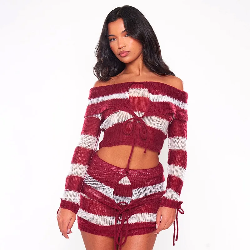 Knitted Sexy Off Shoulder Striped Women Sweater Red Long Sleeve Lace up Top Only Female Autumn New Casual Streetwear Sweater