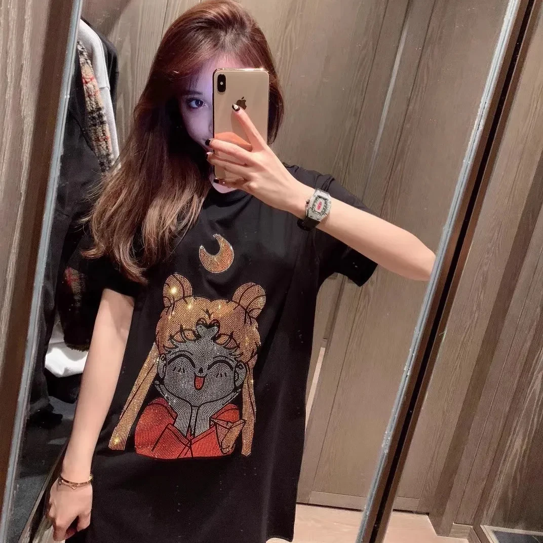 Sailor Moon T-shirt 100% cotton summer Crystal diamond hot diamond top round neck loose short sleeve T-shirt for women