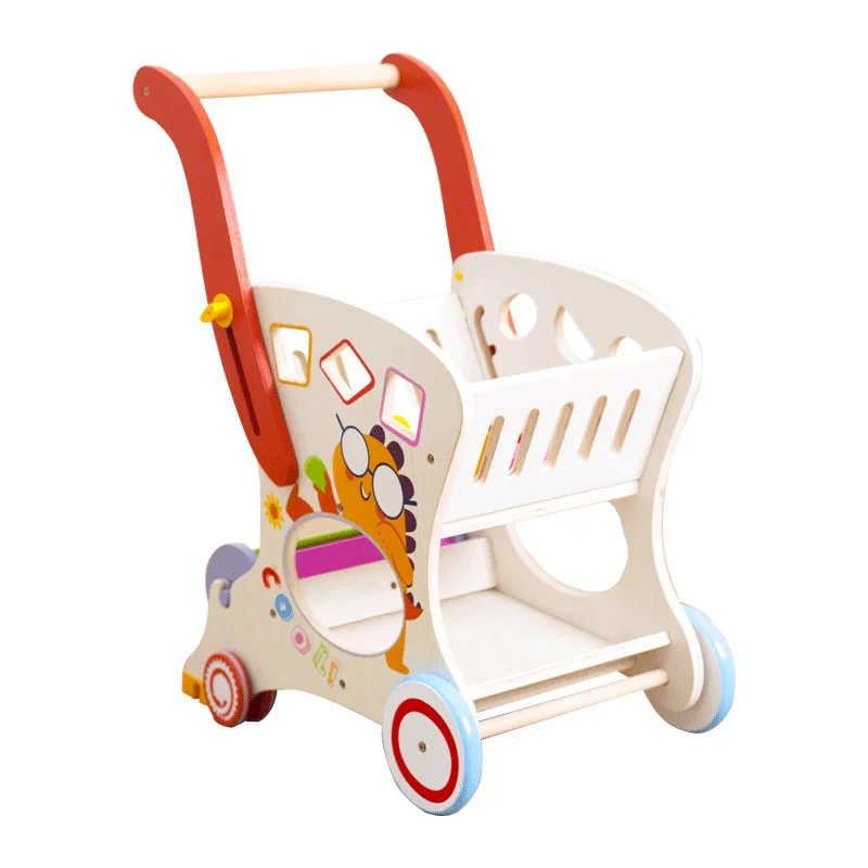 Wooden Baby Walker Push and Pull Doll Stroller Shopping Cart Learning Walker for Boys and Girls Sit Stand Toy forToddler