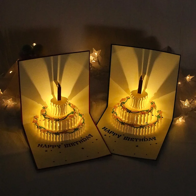 Birthday cake music lighting 3D greeting card paper carving creative gifts Holiday greetings card