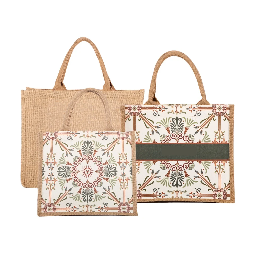 Large Capacity Custom Logo Shopping Bag Colorful Jute Handbag Custom Art Hand Carrying Fashion Retro Tote Bag