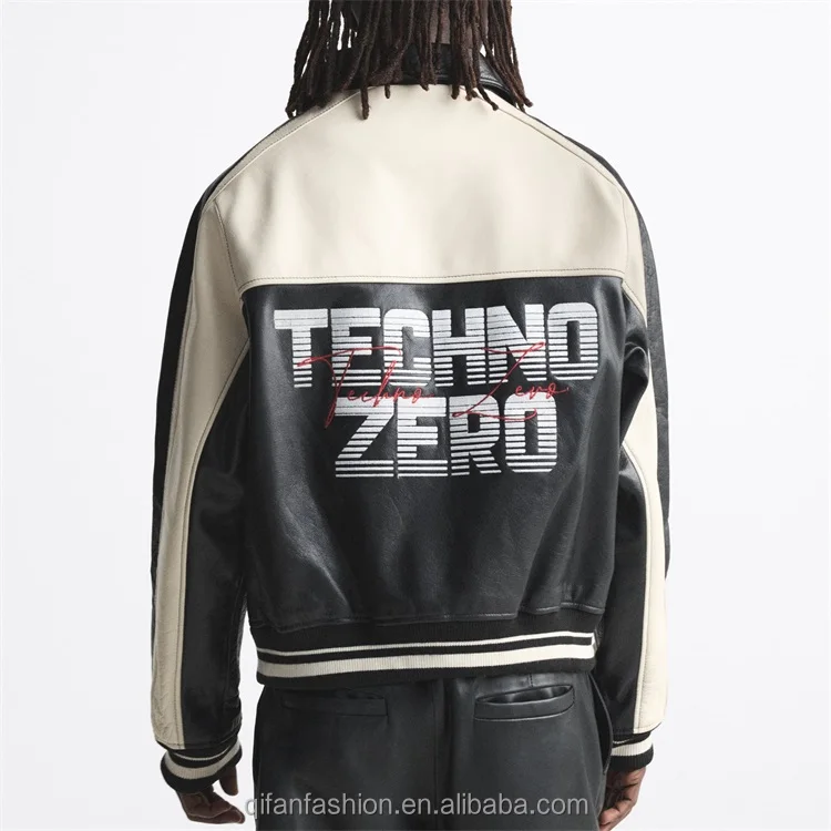 Custom embroidery black white contrast lapel collar color block leather jacket for men