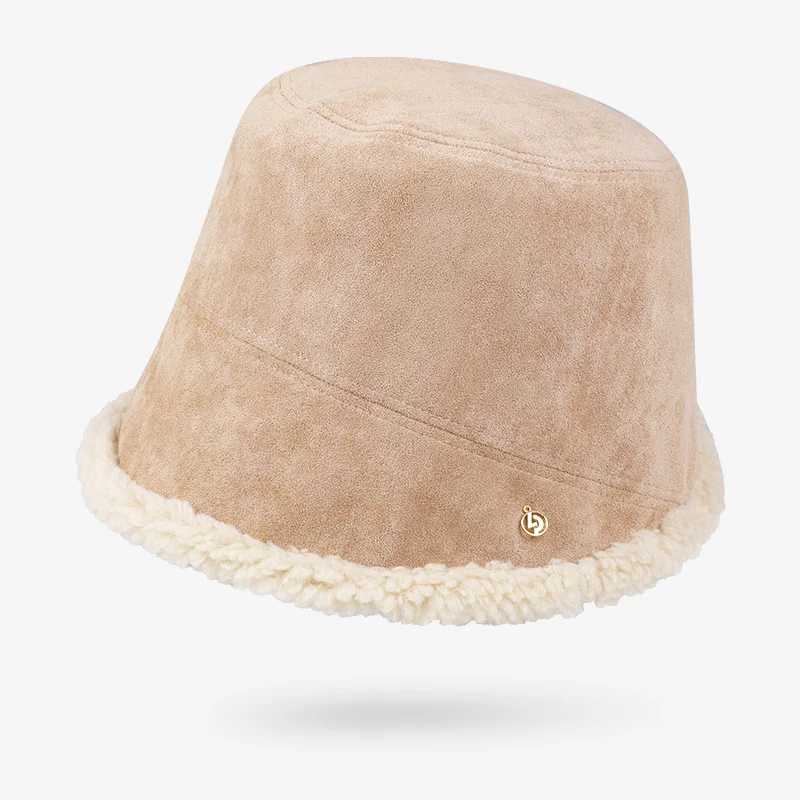 Warm fleece fabric Winter bucket,sude fabric outside,custom metal logo winter cap