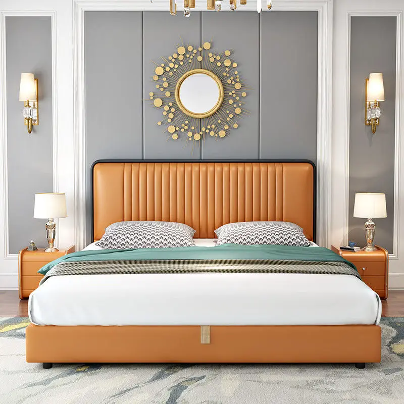 Кожаная современная простая легкая Роскошная стильная Основная спальня двуспальная кровать мягкая двуспальная кровать для домашнего хранения Высококачественная кожаная кровать для свадьбы
