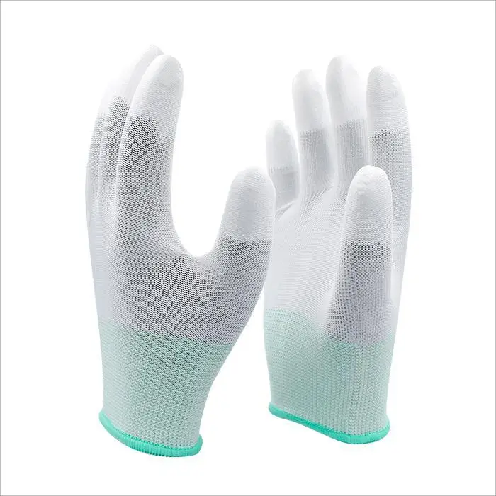 Factory 13G white polyester shell pu fingertips dipped esd electronic work polyurethane gloves
