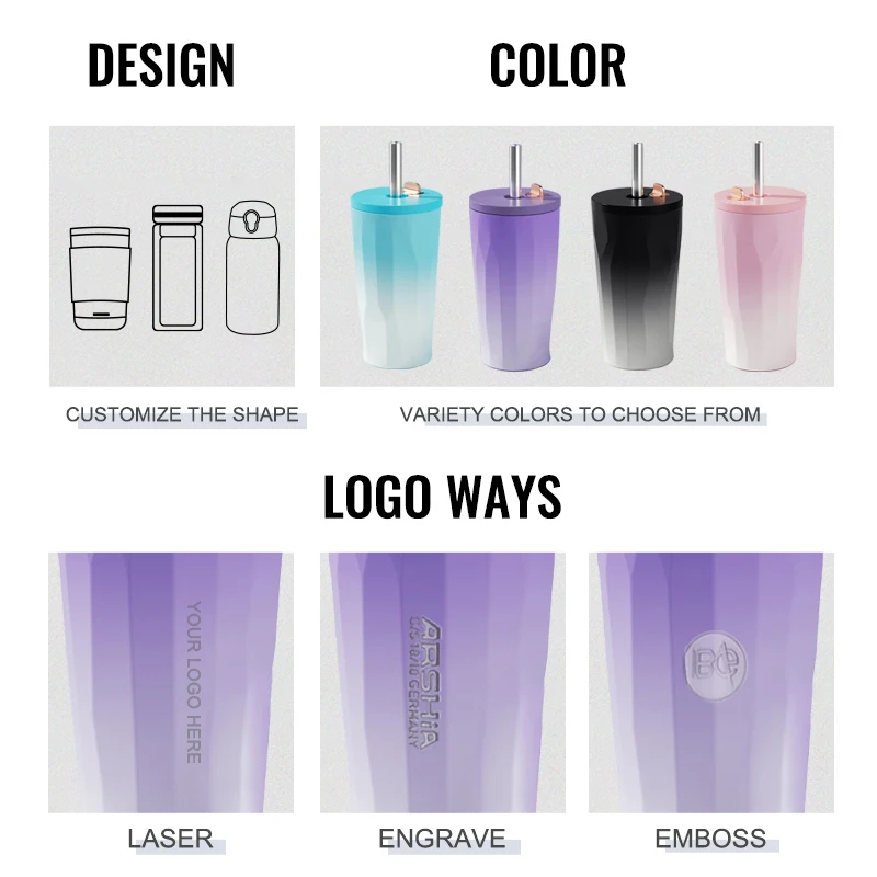 Customized gradient color outdoor sport vacuum flasks thermoses stainless steel hot water bottle drinkware with straw