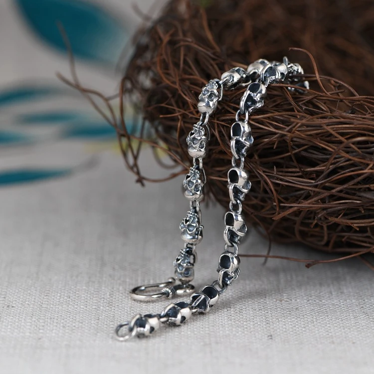 Wholesale 100% S925 sterling silver jewelry retro Thai silver hip hop Skull Bracelet for men and women