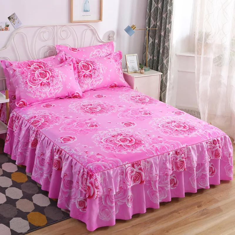 Bed Skirts Set Double Layer Bedspread Floral Printed Bed sheet Bilateral Bed Skirt + 2 Pair Of Pillowcase bedsheets