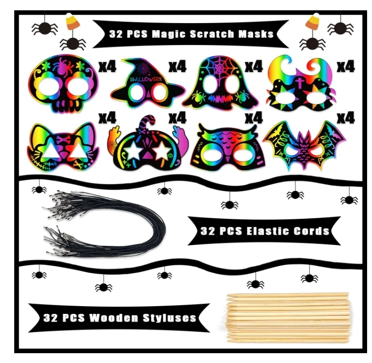 PARTY 32 PCS Halloween Scratch Masks  Magic Scratch Art Crafts DIY Scratch Off Masks for Kids  Activities Party Supplies