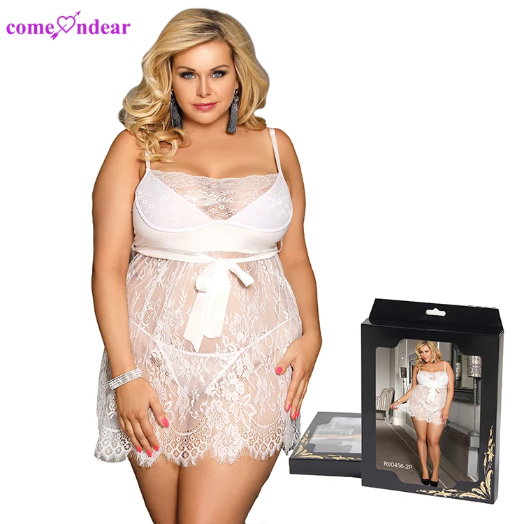Lingerie packaging box high quality sleepwear pajamas women plus size white lace sexy transparent girl night dress babydoll