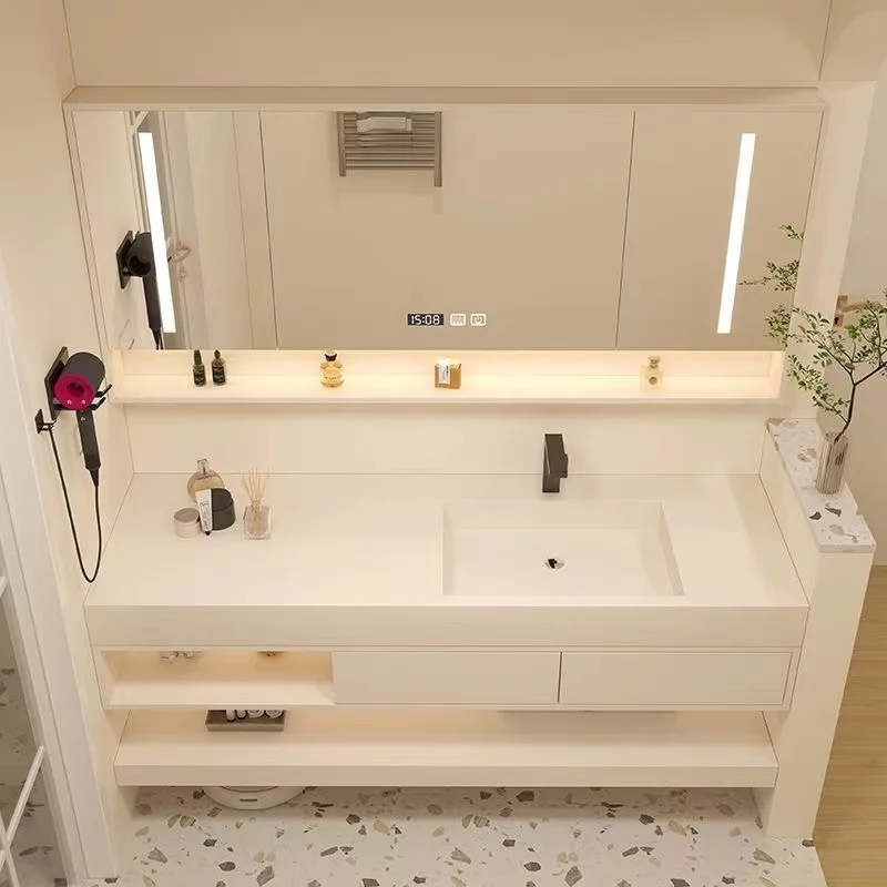 Modern designer bathroom vanity furniture mirror with lights double sink set with ceramic basin cabinet