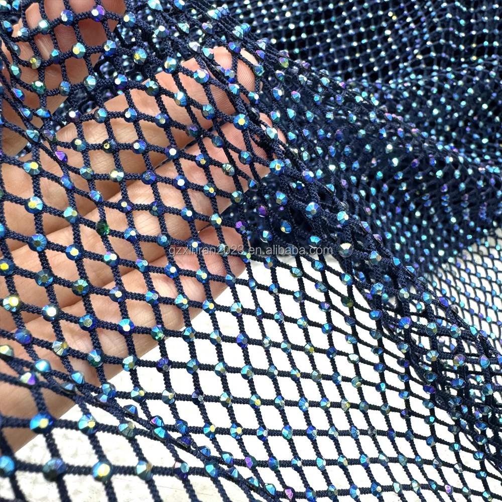 SH006  hot selling Stretch Rhinestone Mesh With Crystal fabric Elastic Rhinestone net lace fabric
